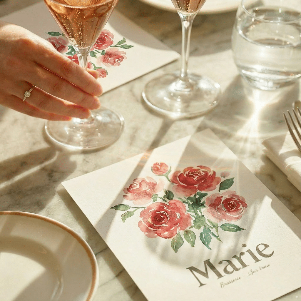 Female Hand enjoying rose and showcasing valentines day menu